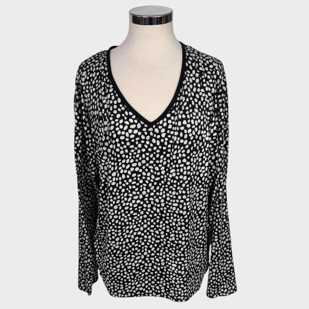 DKNY Large Black White Polka Dot Pattern Long Sleeve V Neck Top